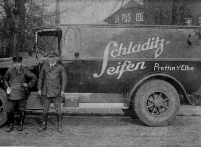 Historic delivery van lettered Schladitz Seifen Prettin/Elbe
