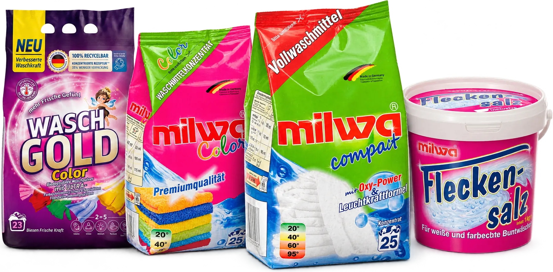 WaschGold Color, milwa Color, milwa compact and milwa Fleckensalz