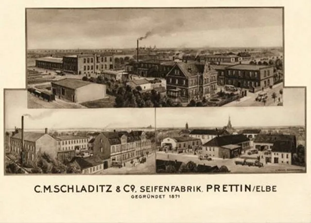 Historic postcard of the C. M. Schladitz & Co. soap factory in Prettin on the Elbe